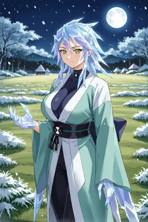 score_9, source_anime,Shirayuki Mizore, (ice hair, glowing hair), messy hair, green eyes, bodysuit, pants, black pants, kimono, white kimono, green kimono, claws, ice claws, ice fingers, standing,huge breasts, closed mouth, background flower field, at nig...