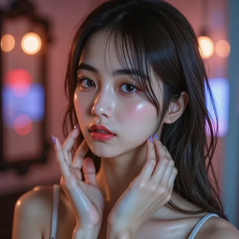 (she smiles at her own face in the mirror:1.10), (Surrealistic RAW photos:1.8), sakura, professional beauty portrait、capture top Japanese idol women wearing purple colored contact lenses, Ultra-clear focus、accurate and detailed depictions of hands and fing...