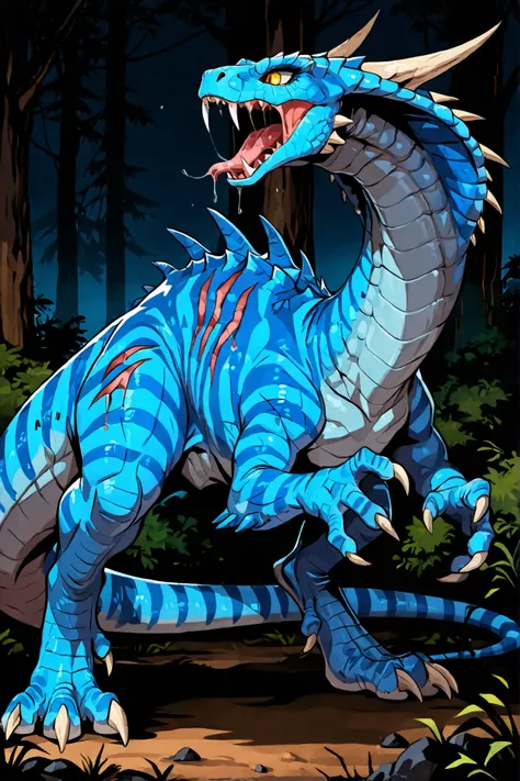 (Solo:5.5), masterpiece, best quality, anime style, anime shading, full body picture, centered, dinosaur, (cobra), monstrous body shape, feral, 1girl, (vertigo), yellow eyes, striped body, blue scaled body, (claws), white claws, (horns), fangs, digitigrade...