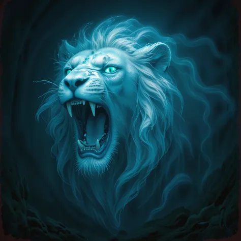 A roaring lion's head, spectral and ethereal, glowing in shades of blue. The lion's mouth is wide open, showing sharp teeth and a curled tongue, with glowing eyes full of intensity. Its mane flows like wisps of smoke or energy, swirling around its head in ...