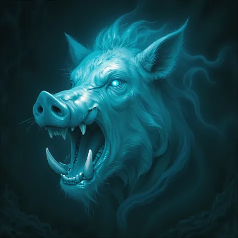 A furious boar's head, spectral and glowing in shades of blue. The boar's eyes glow with an ethereal light, its nostrils flare, and its mouth opens slightly in a snarl. Its massive teeth curve outward and upward, with a faint glow at the edges. The fur is ...