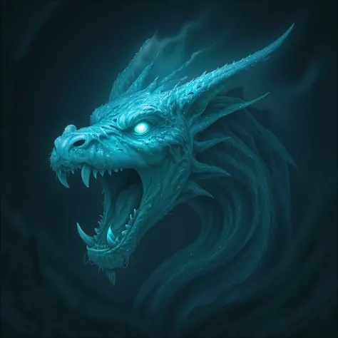 A furious hydra's head, spectral and glowing in shades of blue. The serpent's eyes glow with an ethereal light, its nostrils flare, and its mouth opens slightly in a snarl. Its enormous teeth curve outward and downward, with a faint glow at the edges. The ...