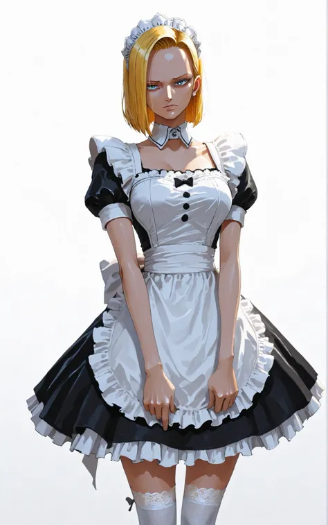 onepiecestyle,Highest Quality, masterpiece, super high resolution, Android 18, maid clothes, cool expression projected at an angle, blonde bob hair, clear blue eyes, frill apron, black maid dress, white lace headband, slender figure, knee-high socks, have ...
