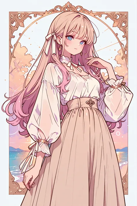 masterpiece, best quality, Olivia High Waist Cotton Flare Ribbon Long Skirt, Beige and White Creamy Ribbon Blouse, Soft Silhouette, elegant,  feminine, classy, Natural Drape, Delicate Details, High fashion, Beautiful Color Combination, high resolution on t...