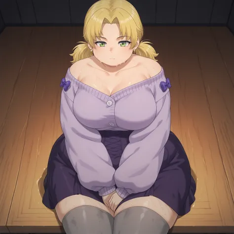 jamie,blonde hair,short hair, parted bangs, green eyes,freckles, medium breasts, anime screenshot,JamieCasualDress,low twintails,collarbone, hoop earrings,off-shoulder sweater,light purple sweater, purple bow, dark purple high-waist skirt,zettai ryouiki, g...
