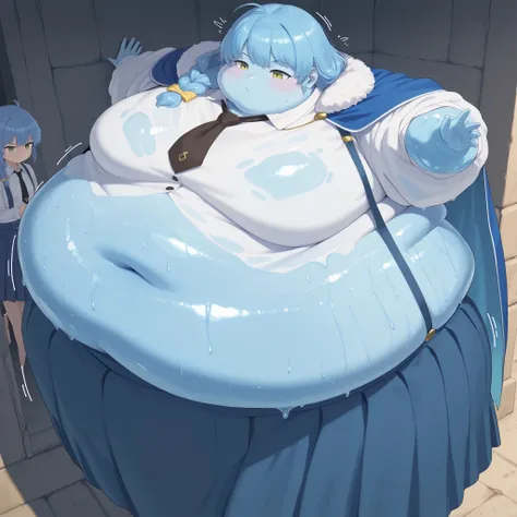 Becoming a slime, monster aparida rain, long hair, bangs, green eyes, blue hair, yellow eyes, braid, ahoge, hair bow, grey eyes, single braid, yellow bow, braided ponytail, mature female, small breasts, skirt, shirt, long sleeves, white shirt, pleated skir...