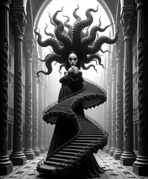 A haunting black and white portrait of an ethereal gothic woman emerging from impossible architecture, her form intertwined with MC Escher-like infinite staircases, skin transforming into crystalline geodesic structures, flowing hair composed of intricate ...