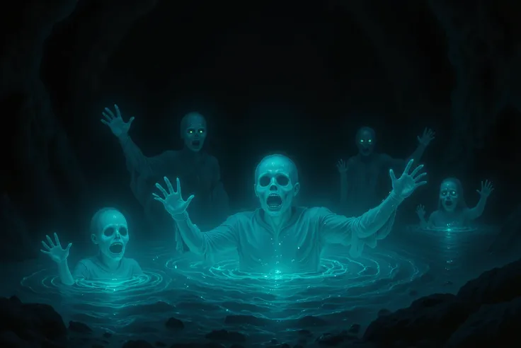 A haunting, surreal scene of a glowing, fluorescent-blue lake inside a dark cavern. From the eerie waters, ghostly apparitions rise — luminous specters with translucent, elongated bodies and outstretched arms, as if drowning or reaching for help. Their fac...