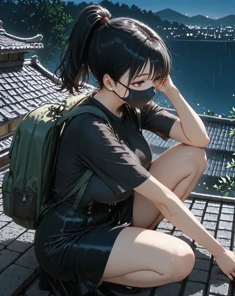 girl:1.5,(curvy girl:1.0),squatting,side view,Show your thighs wide open,M open legs,from above ,high ponytail ,black mask,black hair, black shirt,green suspenders,black tight skirt, Carry a backpack ,clear makeup, on the tiled roof,night,Japan