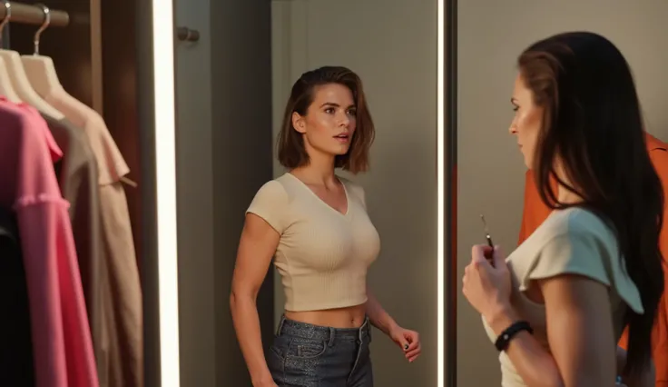 réaliste, une femme bobhair châtain blanche caucasienne en culotte bleue dans une cabine d'essayage parle avec une vendeuse femme en mini jupe