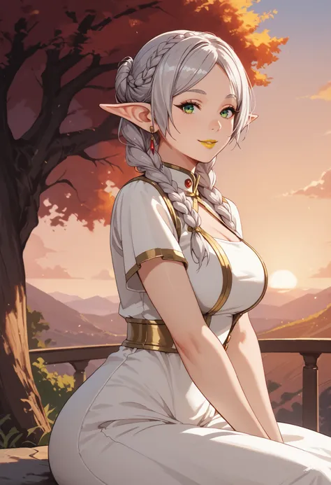 woman, white skin, anime style, large breasts, yellow lipstick, green eyes, silver hair, white dress, gold embroidery on dress, wide hips, open arms, sensual smile, sitting, focus on character, looking at viewer, side view, leaning against a tree, sunset, ...