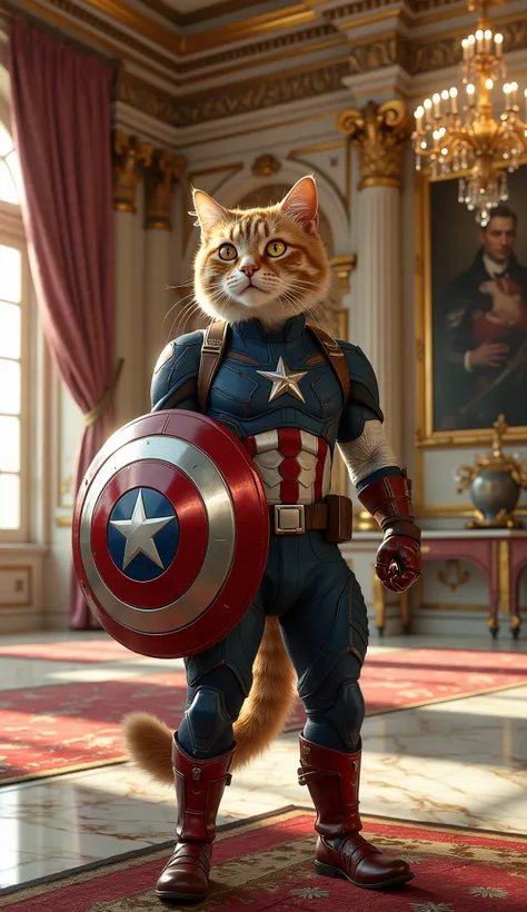 A heroic and majestic cat standing proudly in a highly detailed and perfectly fitted Captain America suit, including a star-emblazoned chest plate, red and white torso stripes, and sleek blue armor. The cat is holding a small but accurate version of Captai...