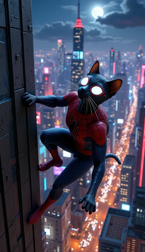 A sleek and agile cat wearing a highly detailed Spider-Man suit, clinging to the side of a tall skyscraper wall at night. The custom Spider-Man suit is form-fitted to the cat’s slim body, made of textured red and blue fabric with black web patterns running...