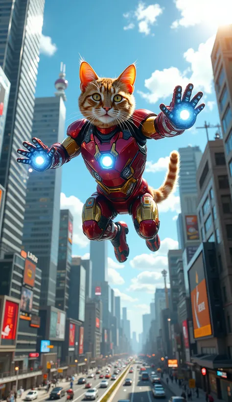 A powerful cat soaring through the sky in a sleek, custom-designed Iron Man suit, shaped perfectly to fit its feline body. The suit features metallic red and gold armor plating, glowing blue energy lines across the joints, and a radiant arc reactor at the ...
