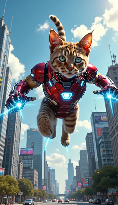 A powerful cat soaring through the sky in a sleek, custom-designed Iron Man suit, shaped perfectly to fit its feline body. The suit features metallic red and gold armor plating, glowing blue energy lines across the joints, and a radiant arc reactor at the ...