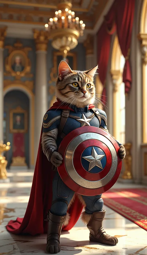 A heroic and majestic cat standing proudly in a highly detailed and perfectly fitted Captain America suit, including a star-emblazoned chest plate, red and white torso stripes, and sleek blue armor. The cat is holding a small but accurate version of Captai...