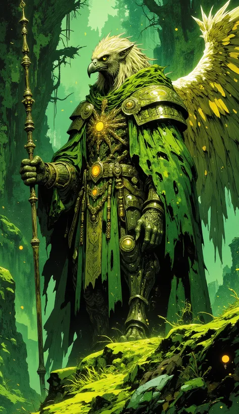 giant eagle guardian with iridescent feather cape guards an ancient forest sanctuary, his bird-like extremities blend harmoniously with the forest green, hand-shaped claws form magical seals, flowing feathers scatter golden light, sacred symbols glow in hi...