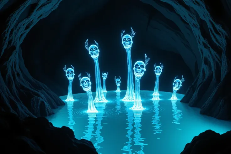 A haunting, surreal scene of a glowing, fluorescent-blue lake inside a dark cavern. From the eerie waters, ghostly apparitions rise — luminous specters with translucent, elongated bodies and outstretched arms, as if drowning or reaching for help. Their fac...