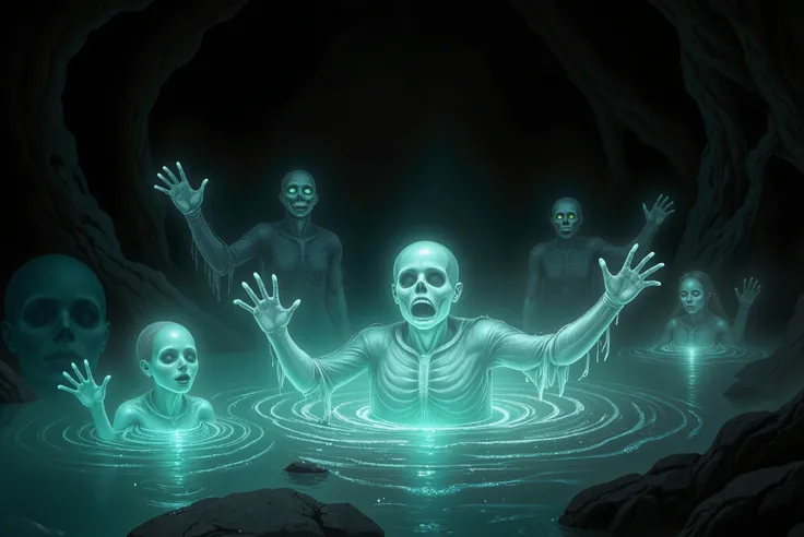 A haunting, surreal scene of a glowing, fluorescent-blue lake inside a dark cavern. From the eerie waters, ghostly apparitions rise — luminous specters with translucent, elongated bodies and outstretched arms, as if drowning or reaching for help. Their fac...