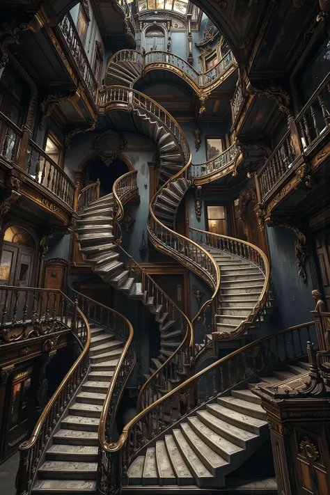 Architectural nightmare escalated: A beautiful Victorian mansion dominated by a complicated and infinite labyrinth of staircases - grand marble stairs spiral upward dozens of times, super high ceilings, wooden stairs, strong wood and posts, spiral staircas...