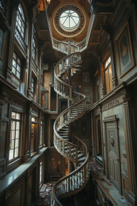 Architectural nightmare escalated: A beautiful Victorian mansion dominated by a complicated and infinite labyrinth of staircases - grand marble stairs spiral upward dozens of times, super high ceilings, wooden stairs, strong wood and posts, spiral staircas...