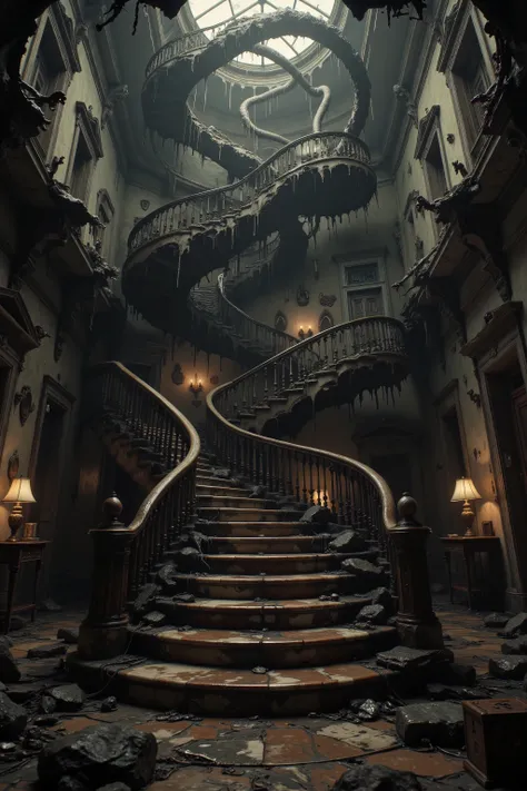 Ultra realistic, photo Architectural design, complex nightmare escalated: Victorian mansion dominated by an infinite labyrinth of staircases - grand marble stairs spiral upward only to abruptly end at the ceiling, wooden stairs descend into their shadows,...