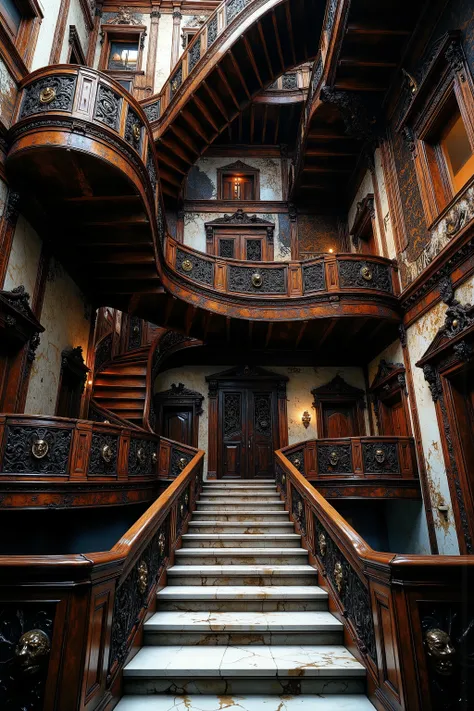 Ultra-realistic, photo-realistic, Architectural nightmare escalated: Victorian mansion dominated by infinite labyrinths of staircases - grand marble stairs spiral upwards and divide out into a spiderweb of staircases going in every direction. Each stairw...