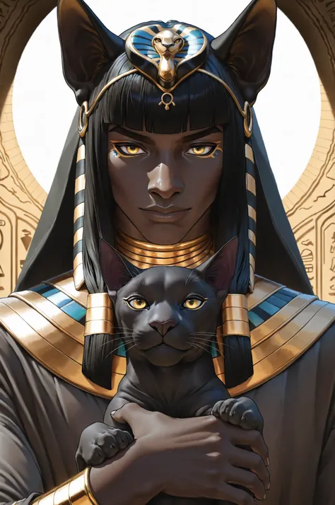 dark-skinned male,eyetexture,yellow eyes, yellowiris,ebony male, ((bface)),1boy, 1solo, OverallDetail, handsome, Painstaking Attention To Details,(((eyes lined with classic Egyptian kohl))) Ancient Egyptian Mythology, Bastet God, yellow eyes like a cat, ((...