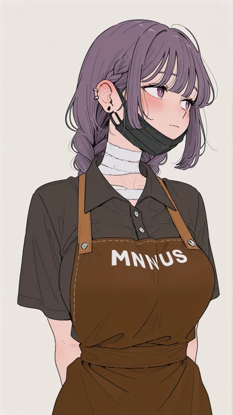 Girl, Large Breasts, long voluminous braid, over hair eye, brown apron, mouth mask, black shirt, black mask, bandaged neck, bandages, arms behind back, clothes writing, blush, short sleeves, surgical mask, closed mouth, mask pull, collared shirt, looking t...