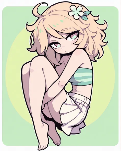 CartoonyIllustrious,fetal_position,a shojo-style digital illustration of a fairy school lolita. She has short, messy blonde hair. She wears a soft green tube top tucked into a high-waisted beige skirt. Her expression is kind but firm. Background is a solid...