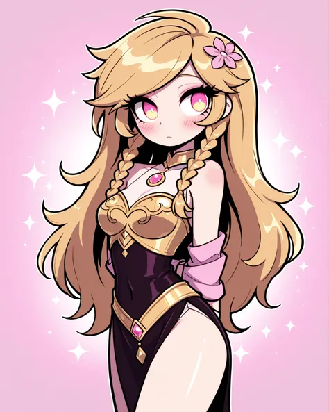 CartoonyIllustrious,A reinterpretation of Rapunzel as a modern fairytale warrior, long flowing golden hair styled in elegant braids that wrap around her arms like golden chains, wearing a stylized armor with floral motifs and soft fabrics, her gaze gentle ...