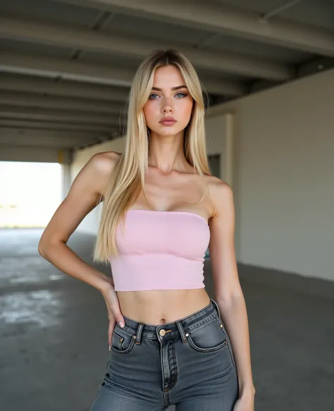 photorealistic, full body shot, candid photography style, white european caucasian woman, young adult, narrow waist, perky breasts, flat stomach, alluring youthful face, soft cute features with subtle sharpness in cheekbones, vivid icy blue contact lenses ...