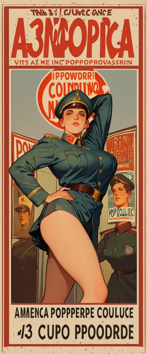 (propaganda poster:1.5), (poster:1.4), (American text:1.3, font:1.3), (retro style, pop culture reference), big breasts, very short hair, military uniform, military cap, very short skirt, (pose:1.2)