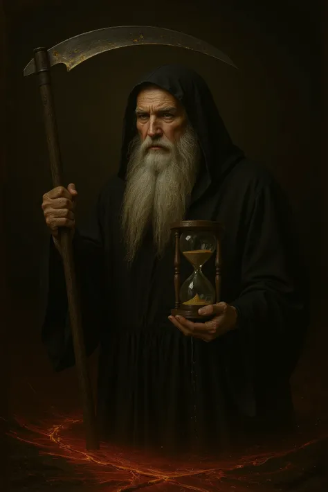 Chronos, the Titan of Time, depicted as an old man with a long white beard and flowing white hair, wearing a black linen tunic with a hood. He holds a large, weathered scythe in one hand and a wooden hourglass with golden sand in the other. His expression ...