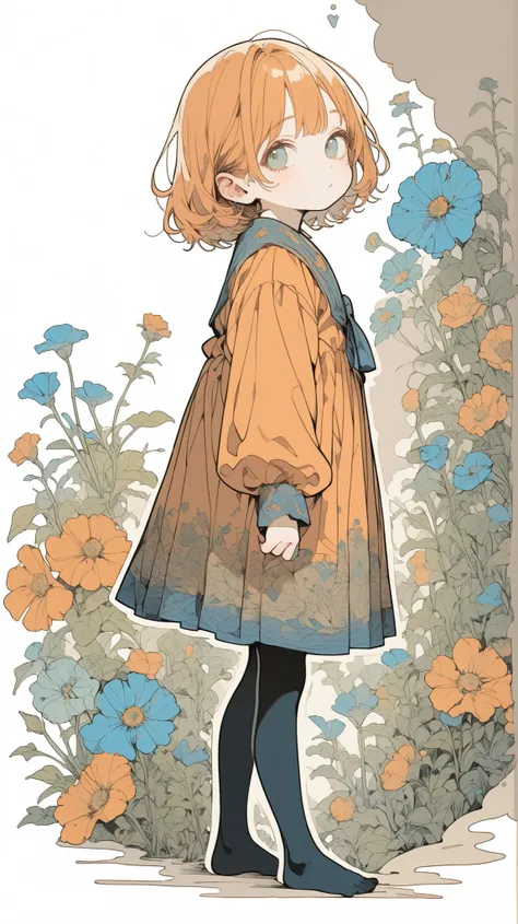 detailed face、well-balanced body、thin, long legged kindergarten child,Golden Stars on Background,characters have big faces、little boy who is cm tall、Navy blue tights、
orange unkempt hair、Dull orange x dark color blouse and skirt、Turning body slightly forwa...