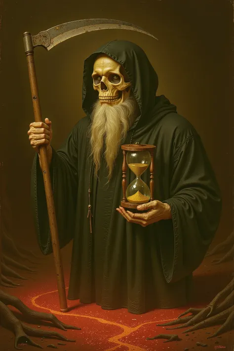 Kronos, the Titan of Time, is depicted as a skeleton with a long white beard and flowing white hair, wearing a black linen robe with a hood. He holds a large, worn scythe in one hand and a wooden hourglass filled with golden sand in the other. His expressi...