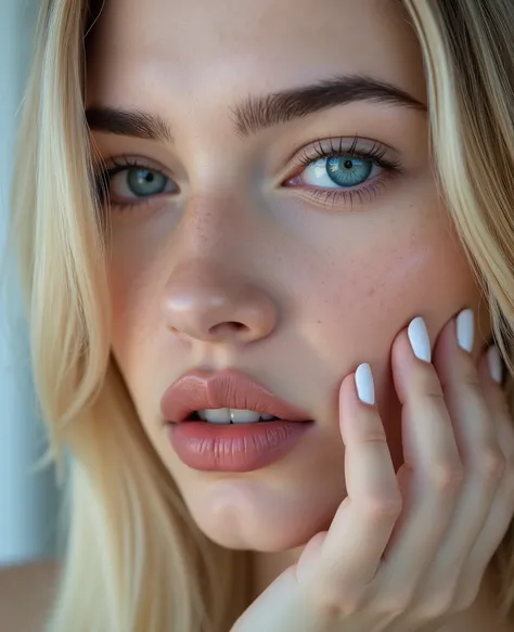 stunn1ng, photorealistic, close-up portrait, candid photography style, white european caucasian woman, young adult, alluring youthful face, soft cute features with subtle sharpness in cheekbones, vivid icy blue contact lenses with an intense frosty glare, ...