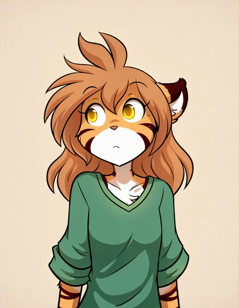 miwako,, furry, solo, flora-twokinds, flora_twokinds,, tiger, striped fur, keidran, yellow eyes, anthro,, green shirt