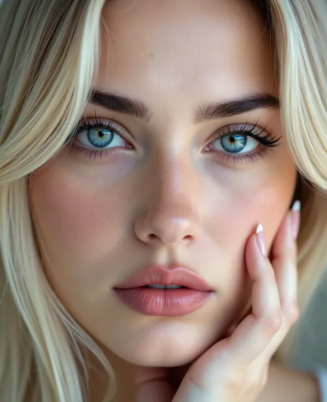 stunn1ng, photorealistic, close-up portrait, candid photography style, white european caucasian woman, young adult, alluring youthful face, soft cute features with subtle sharpness in cheekbones, vivid icy blue contact lenses with an intense frosty glare, ...