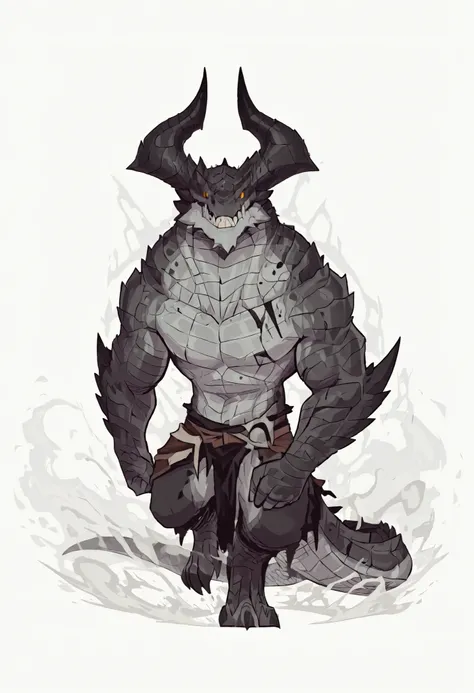 1male, solo, anthro, lizardfolk, anthro dragon lizard, solo, portrait, scaly, detailed scales, experienced predator, monstrous dragon, mercenary, grin, black scales, matte body, torso is well-defined and muscular, body robust and powerful, massive arms, de...