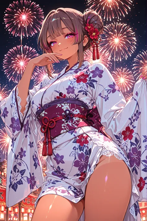 rich,tanned skin beauty, brown hair in chignon bun, white yukata with purple small floral patterns, dark purple obi, red obijime, white lace details on the obi, hair accessory with red flowers and white lace ribbon, slightly loosened yukata, just a bit sex...