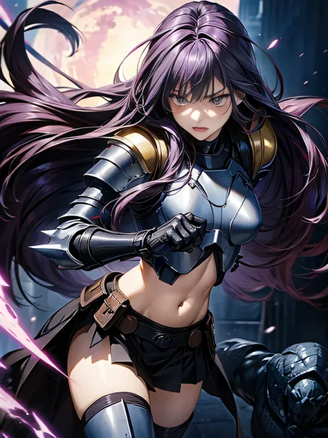 photorealistic、realistic Japanese anime、Captured by mutant、mutants captured by THANOS、facing front、beautiful woman with very long purple hair（Small breasts、sexy）、silver armor 1:5（sleeveless、breastplate、belly button out、thigh exposure）、、Tears overflow、scare...