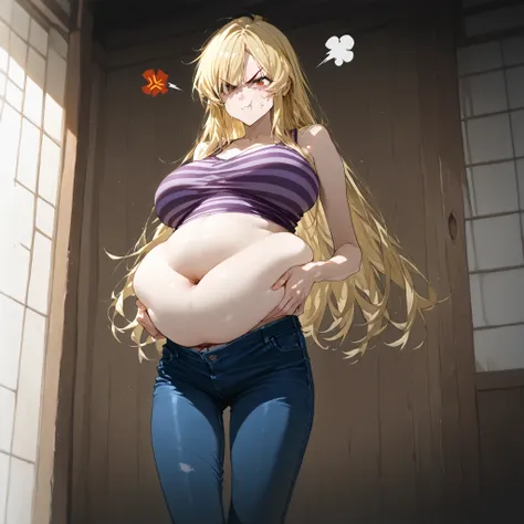 One woman, (solo:1.2) (tall and skinny body) (by kony4666), (eyes crossed, angry eyebrows) (swollen upper belly:1.2) (deep navel) her pants burst open and unzip because she is so full of food, (cheekpuff)
closed mouth, hands on own belly,  (), (), belly ov...