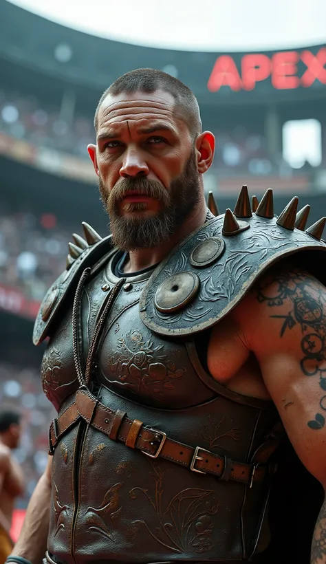 Ultra-realistic hyper-detailed portrait of Tom Hardy, waist up, as a futuristic Roman gladiator. Dark titanium armor with engraved details, spiked shoulder plates, leather straps, flowing black cape. Piercing eyes in perfect focus, cinematic facial lightin...