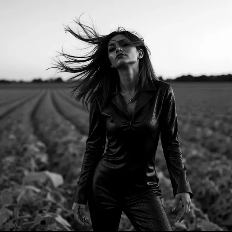 Ultra-realistic cinematic portrait of a woman standing in an open, freshly plowed field at dusk, wearing a shimmering black full-body jumpsuit with long sleeves and subtle metallic texture. She is captured mid-motion, dramatically flipping her long, jet-bl...
