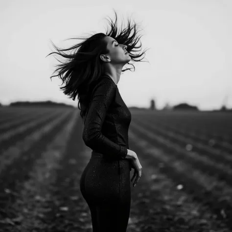 Ultra-realistic cinematic portrait of a woman standing in an open, freshly plowed field at dusk, wearing a shimmering black full-body jumpsuit with long sleeves and subtle metallic texture. She is captured mid-motion, dramatically flipping her long, jet-bl...