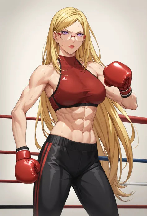 Bishamon, mature, blonde hair, long hair, violet eyes, light red lips, pale skin, abs, eye glasses, red bra, red sleek legging, boxing gloves, black boots, sweat, holding hips pose, serious face, long medium shot, gym settings, highly detailed