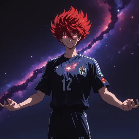 anime soccer player with spiky red hair, wearing a Japan soccer jersey (number 10), smiling confidently, standing heroically with arms relaxed, cosmic monster made of stars and galaxies standing beside him, fully visible, glowing eyes, cosmic energy, nebul...