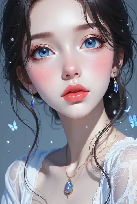 beautiful woman, totally smooth intense black hair falling like a brilliant waterfall, hypnotic deep blue eyes with a transition to crystalline sky, plump lips soft pink, cinematographic lighting, clear and perfect skin, detailed portrait, high fashion pho...