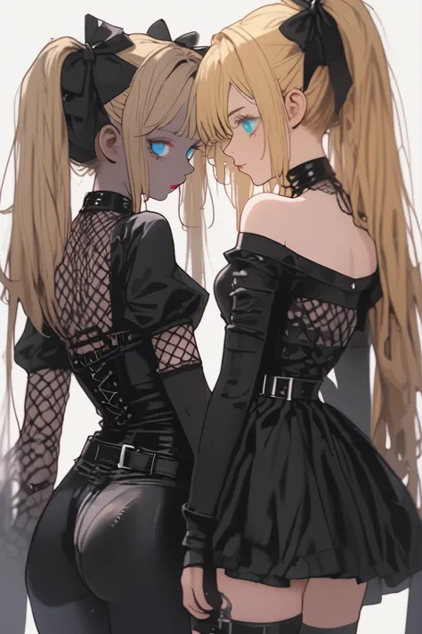 (Angle of the subject seen from the side),Angle viewed from above,((black goth costume:1.5)),_(Grok ), Ani from Grok,(((blonde hair:1.5))), Twin Tails, Long Hair, blue eyes, Lace Choker Expanding to the Collarbone, Off-the-shoulder short dress, Gothic, cor...